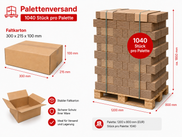 Palettenversand - 1040 Stück pro Palette - Faltkarton 300 x 215 x 100 mm